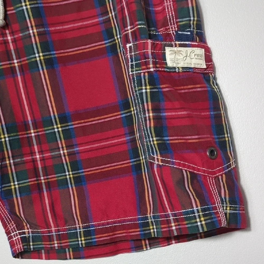 J. Crew Red Tartan Plaid Men's Swim Trunks‎ Board Shorts Size 33 Preppy Classic